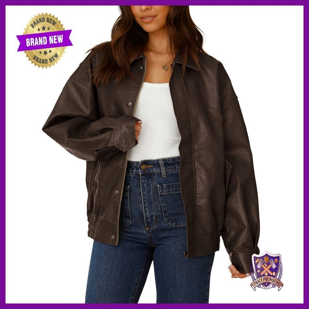 Women's Faux Leather Motorcycle Jacket Oversized Zip Up Winter Coat